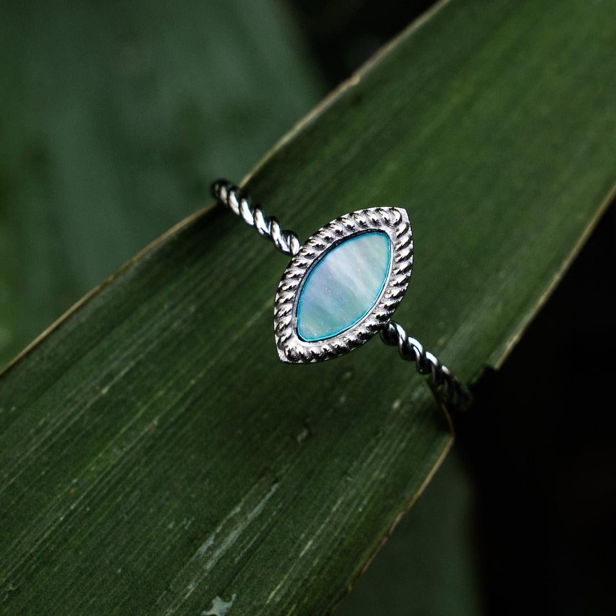 "Visual Ring": a stylish ring featuring nacre and silver with a refined, natural elegance.