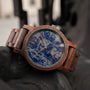 "Summer Evening" watch with wooden band and walnut casing, featuring a lapis lazuli-inspired dial.