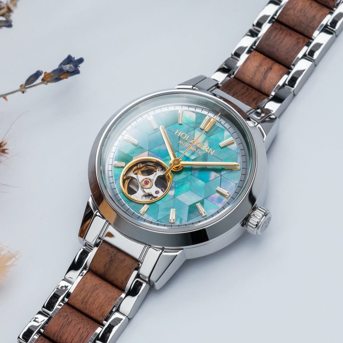 "Colorburst" watch with Nacre and Walnut design featuring a vibrant, modern style.