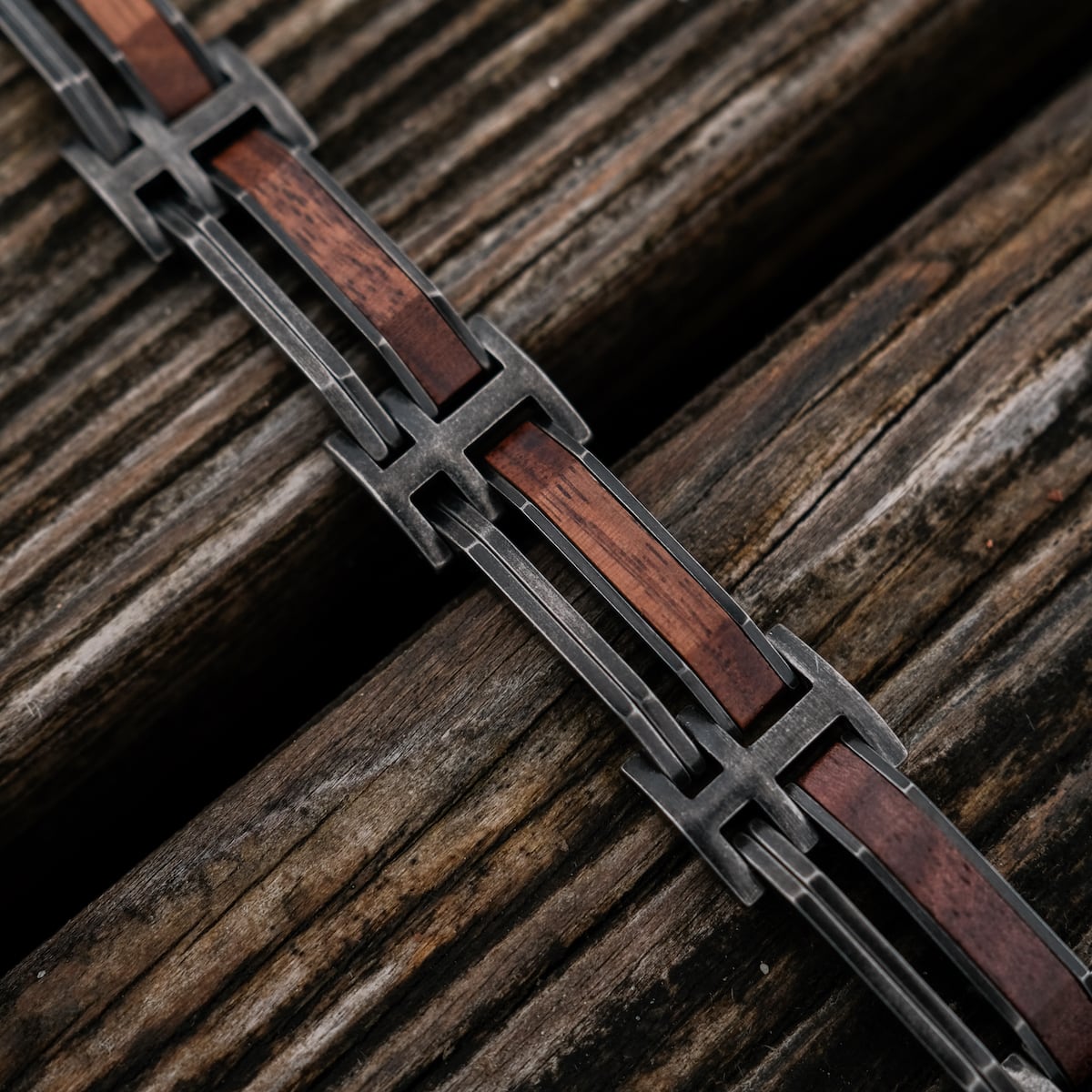 "Staccato" bracelet featuring walnut and antique silver for a rustic, elegant look.