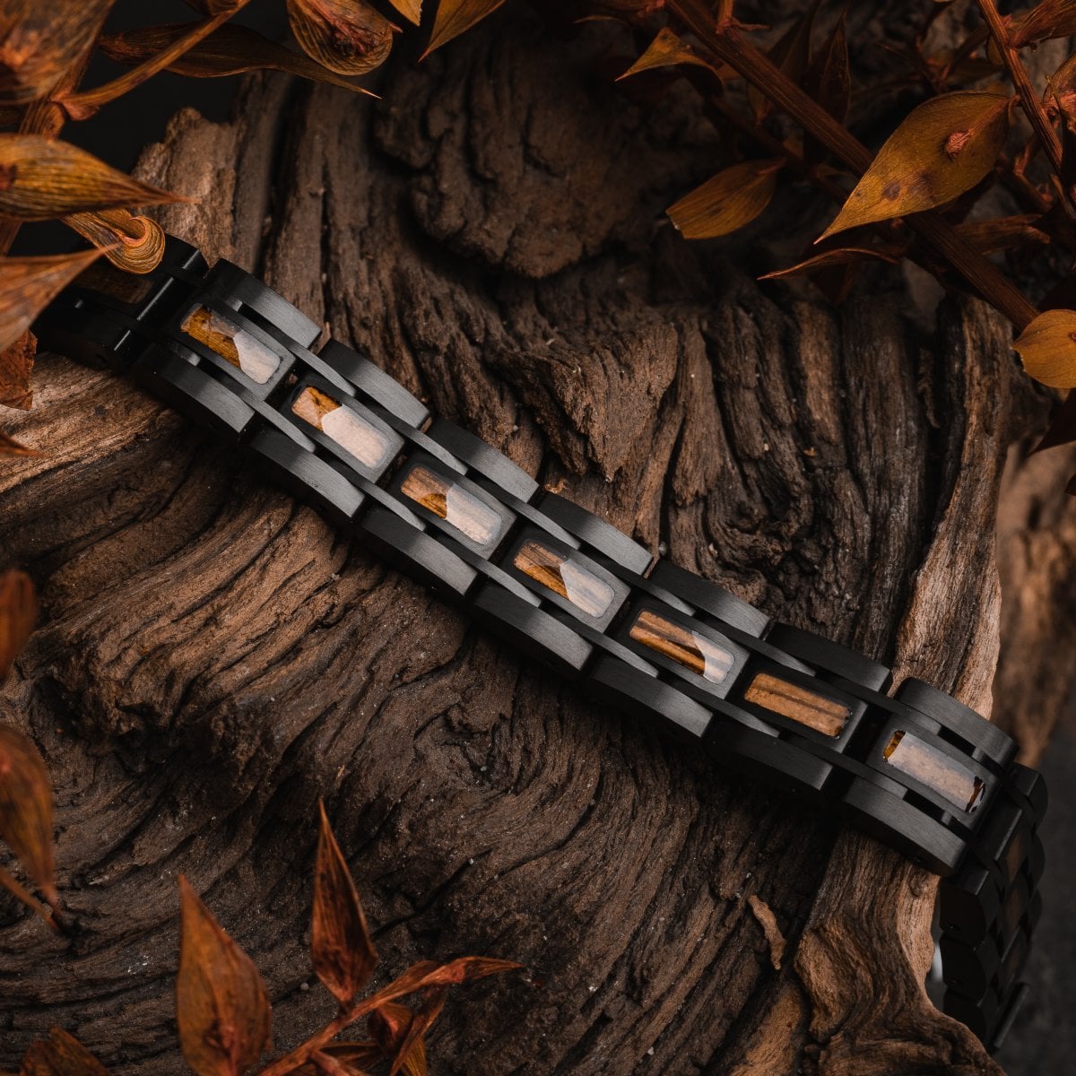 "Tremolo" bracelet featuring zebrawood and black accents with a natural, earthy design.
