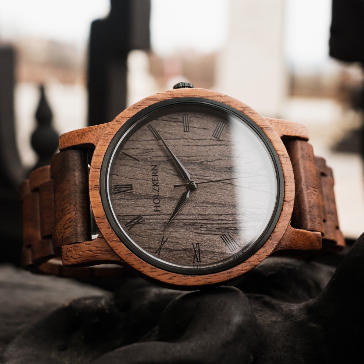 "Spring Evening" watch featuring a natural walnut and leadwood design with a rustic, elegantly aesthetic.