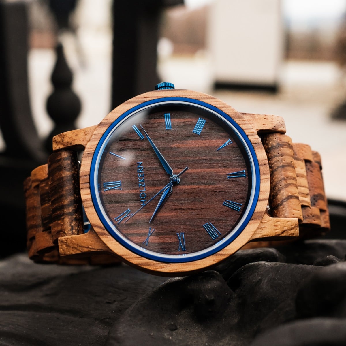 "Fall Morning" watch featuring zebrawood and wenge with a sleek, natural style.