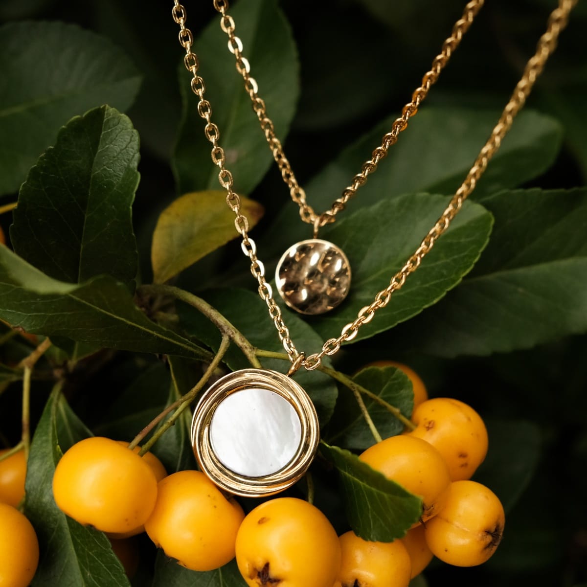 "Zendala Necklace" necklace in white nacre and gold, featuring an elegant design against a natural backdrop.