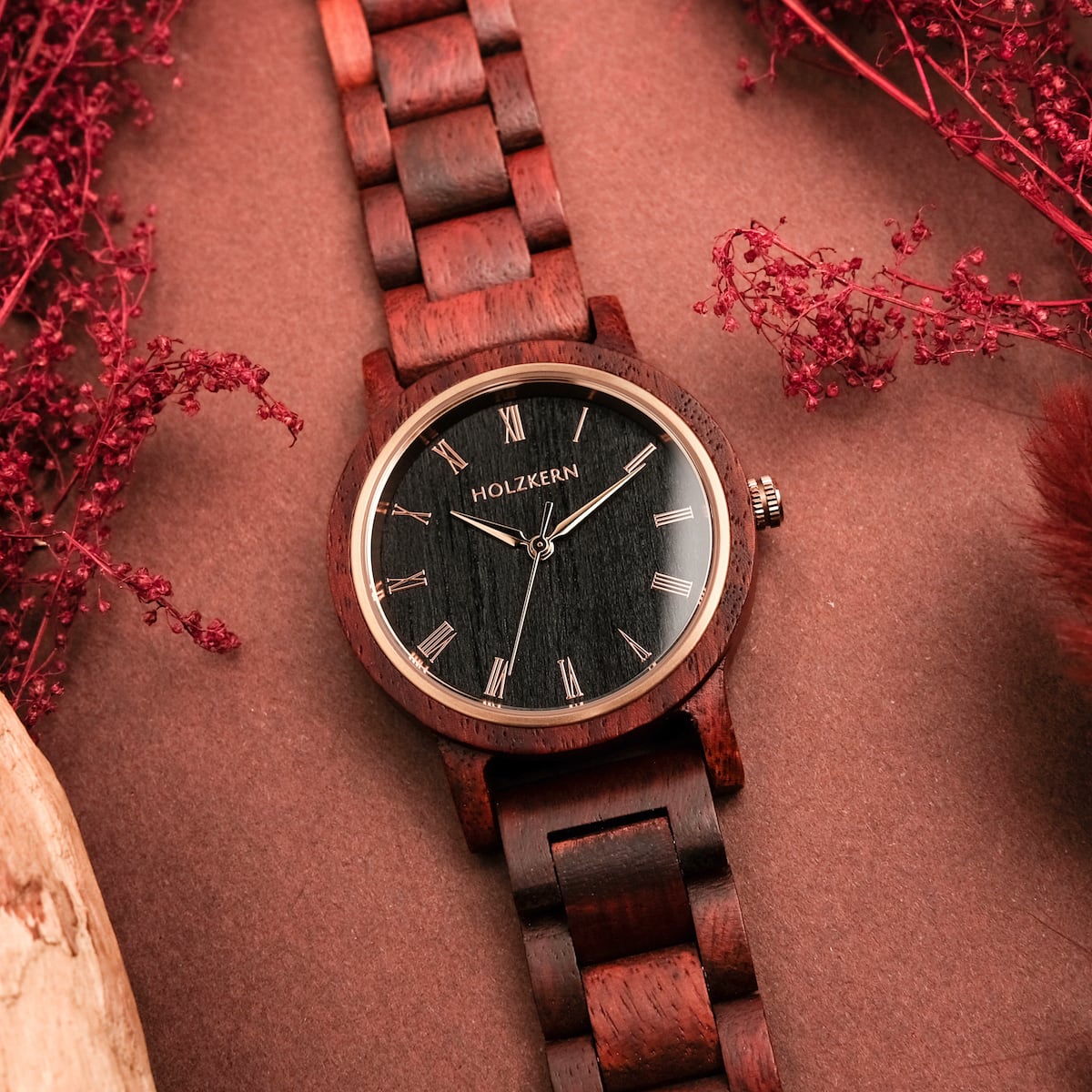"Passion" watch, featuring Padauk and Maple materials, showcases an elegant wooden design with a rich brown tone.