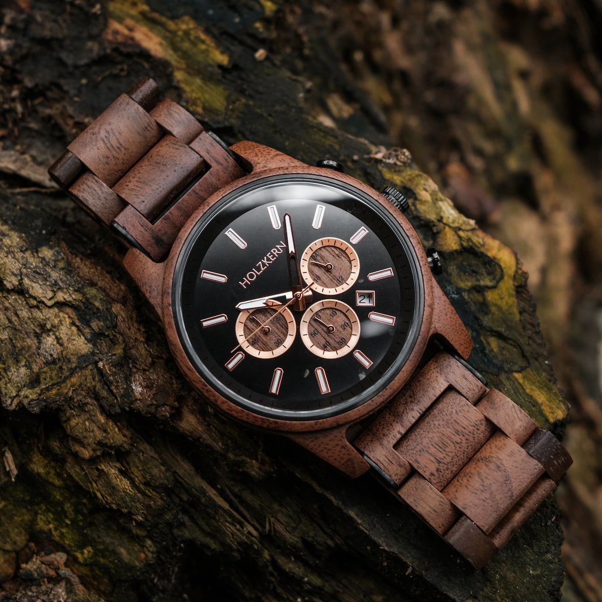 "Thicket" watch featuring a walnut and marble design with a rustic, natural aesthetic.