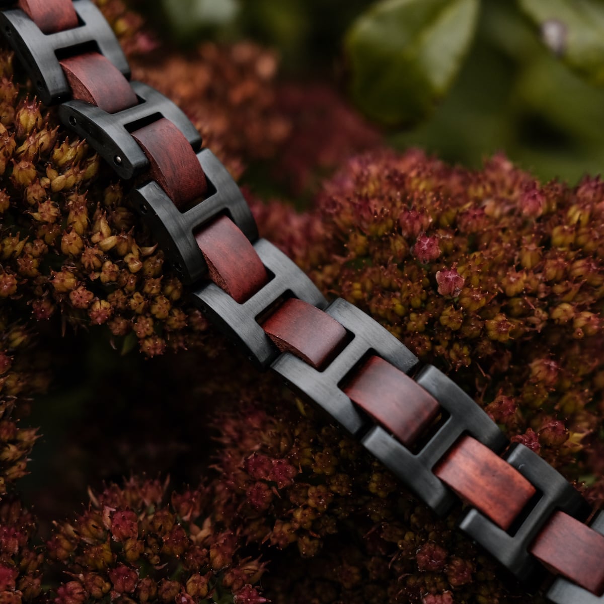 "Acoustic" watch band featuring a Padauk and black design against a natural background.