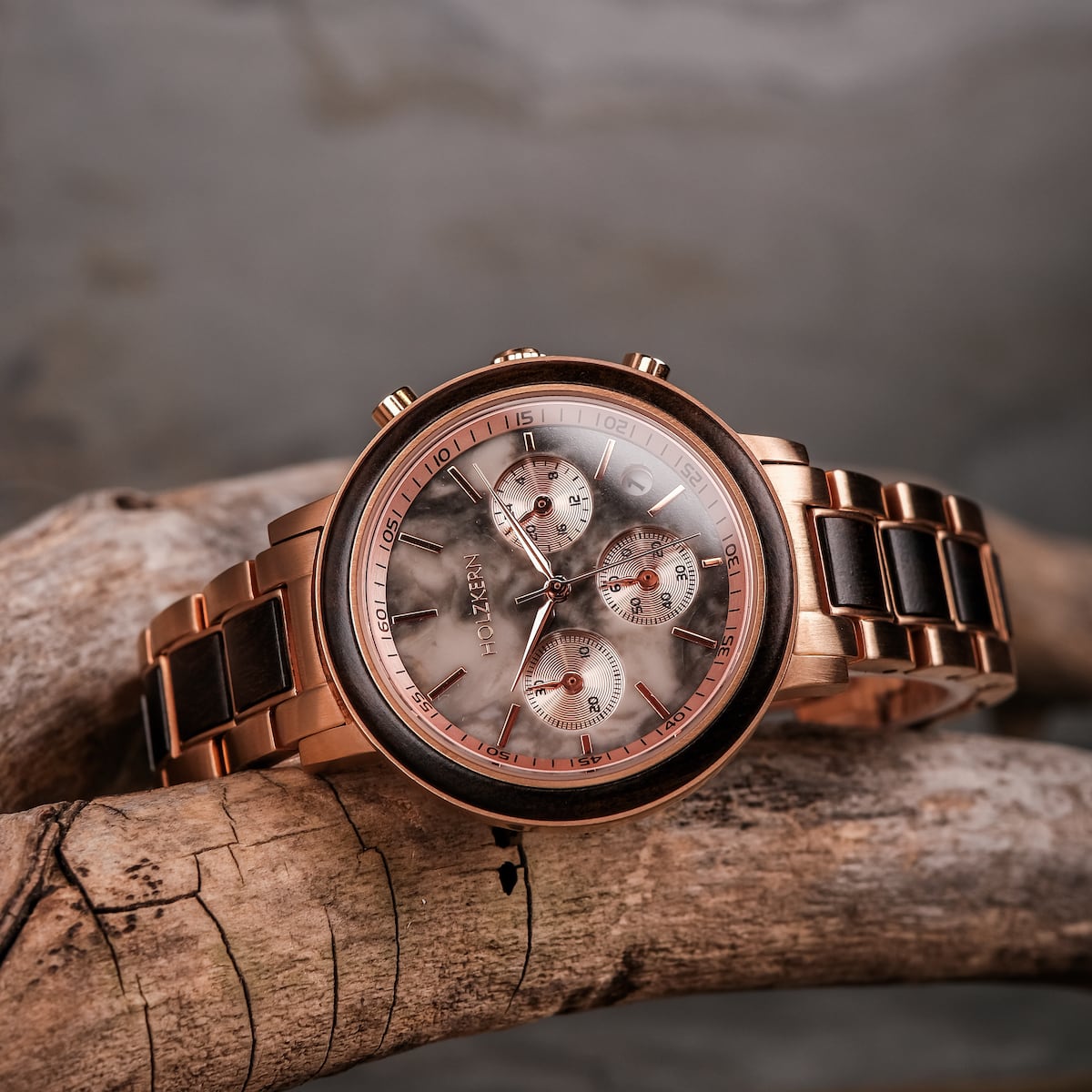 "Calina" watch featuring a maple and marble design with a sophisticated, elegant style.