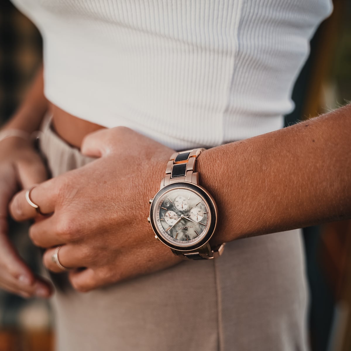 "Calina" watch featuring a maple and marble design with a stylish, modern aesthetic.