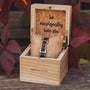 "Acapella" watch in a rustic wooden box, showcasing a Leadwood and Silver design.
