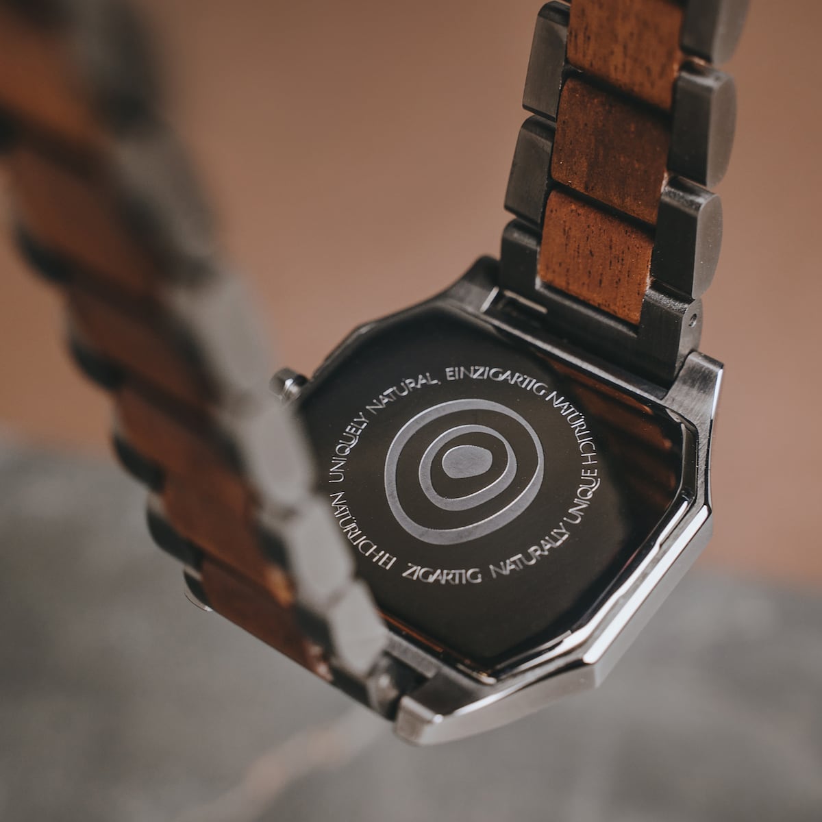 "Moneo" watch featuring a koa and marble design with a unique, natural aesthetic.