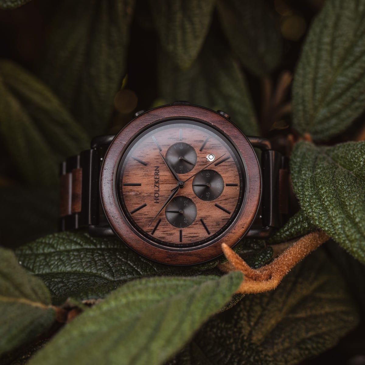 "Dusk", a stylish watch with a walnut and black finish, featuring a natural and sophisticated design amidst greenery.