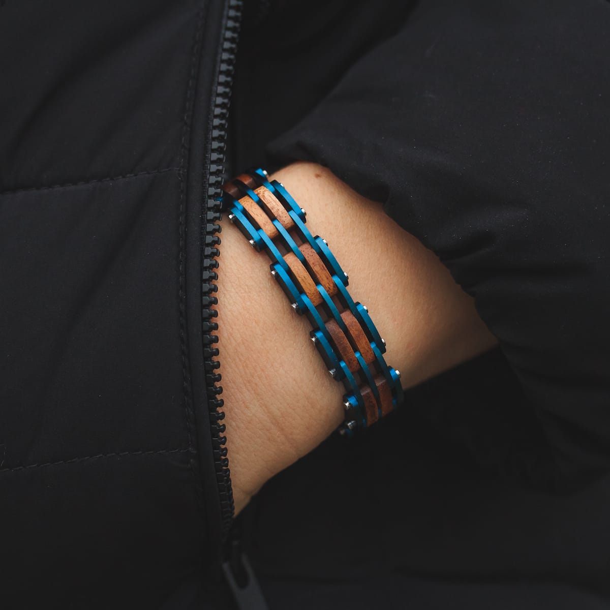 "Adagio" bracelet featuring a blend of koa wood and blue accents for a stylish look.