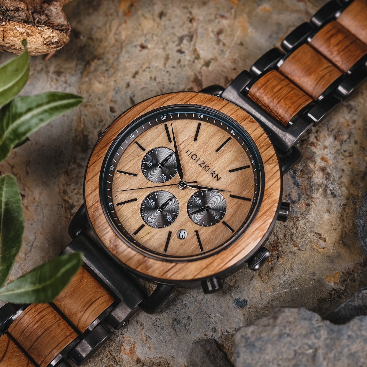 "Whakaari" watch featuring a natural oak design and sleek, multi-dial aesthetics.