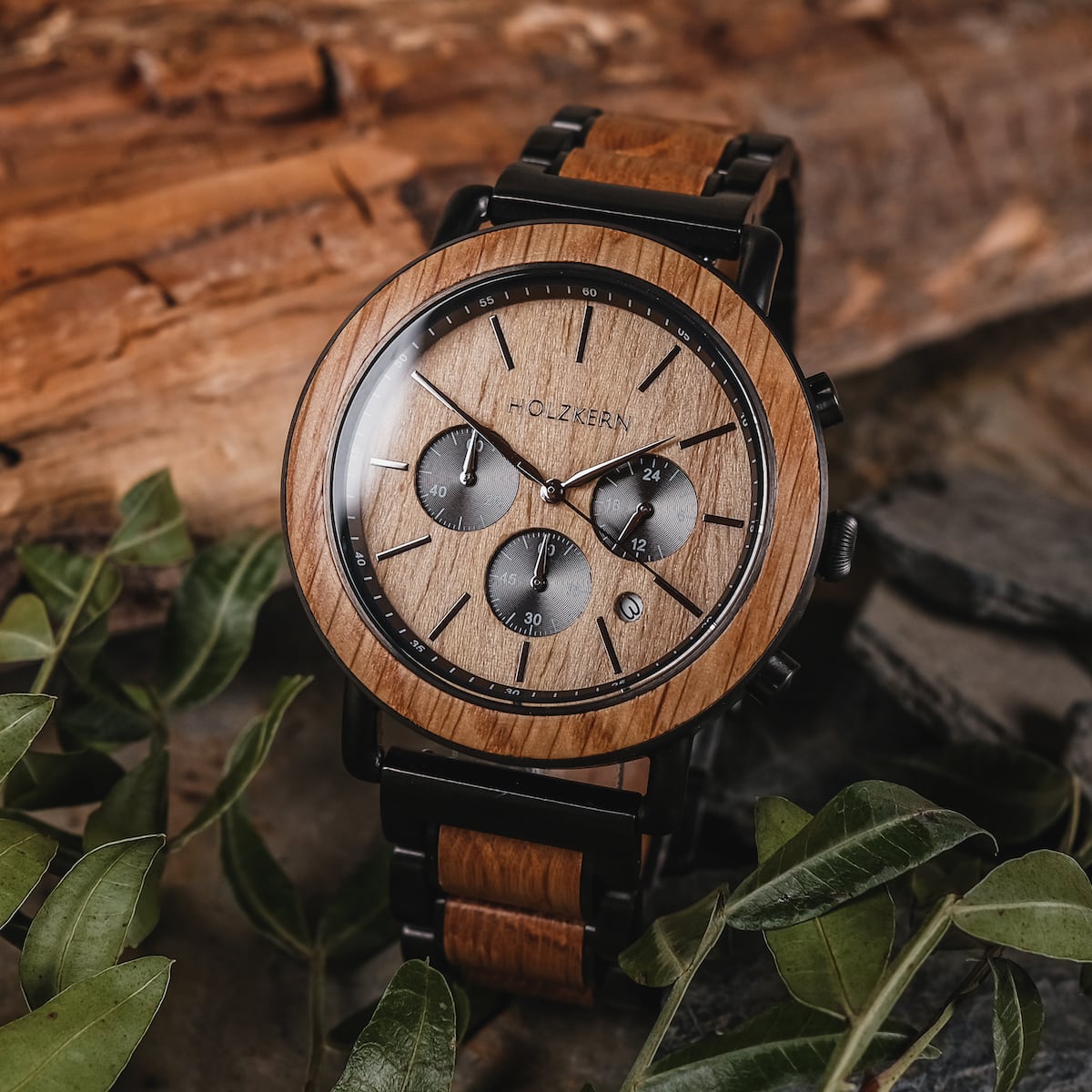"Whakaari", a wooden watch featuring an oak finish and sleek, natural design.