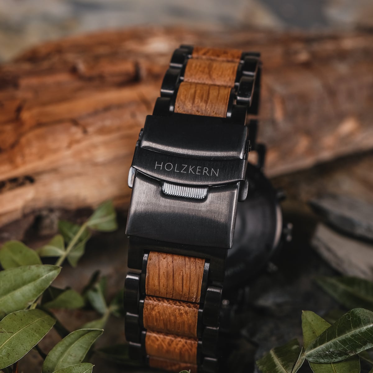 "Whakaari" watch featuring a sleek wood and metal design with a natural oak style.