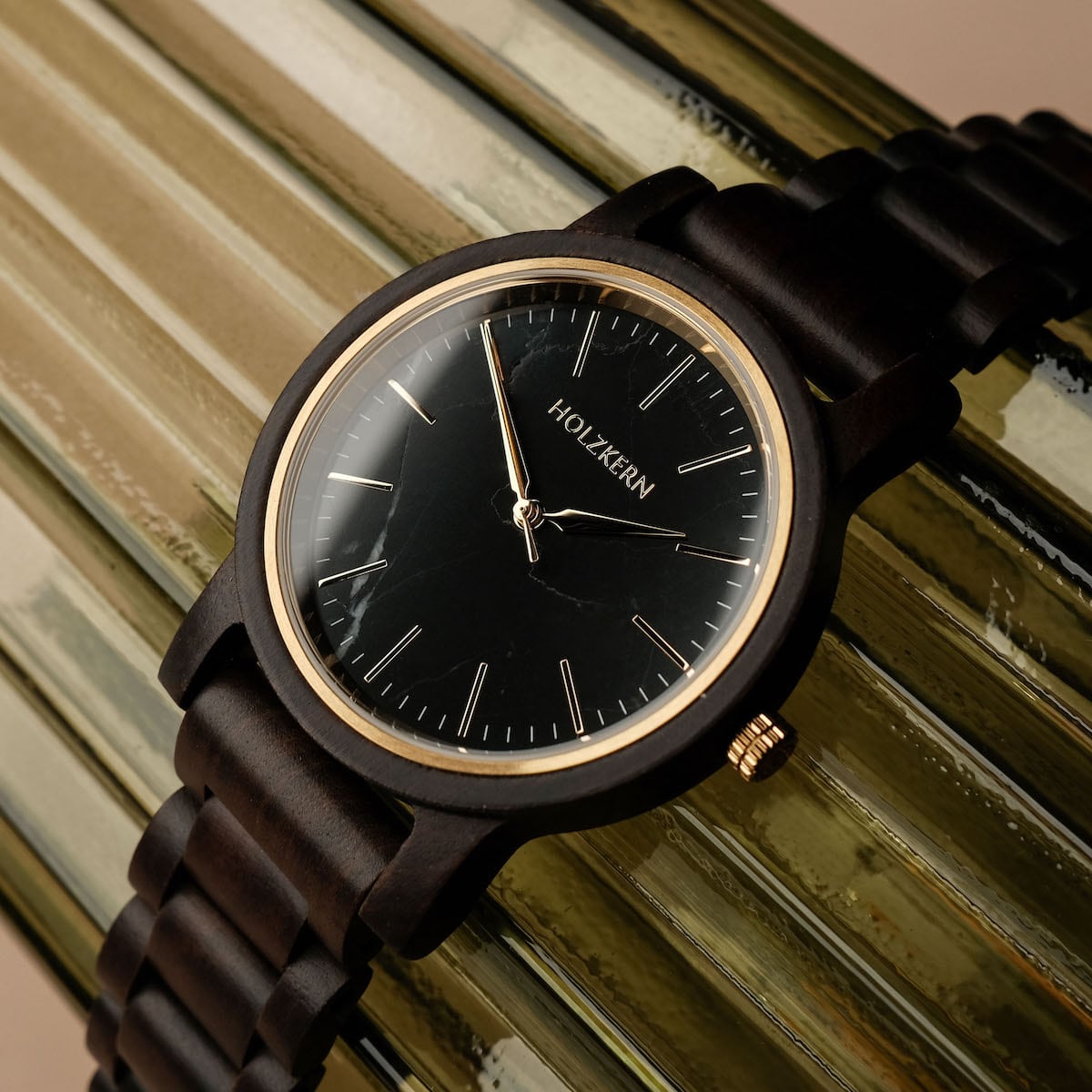 "Summer Night" watch, featuring a sleek design with a maple wood and marble finish.