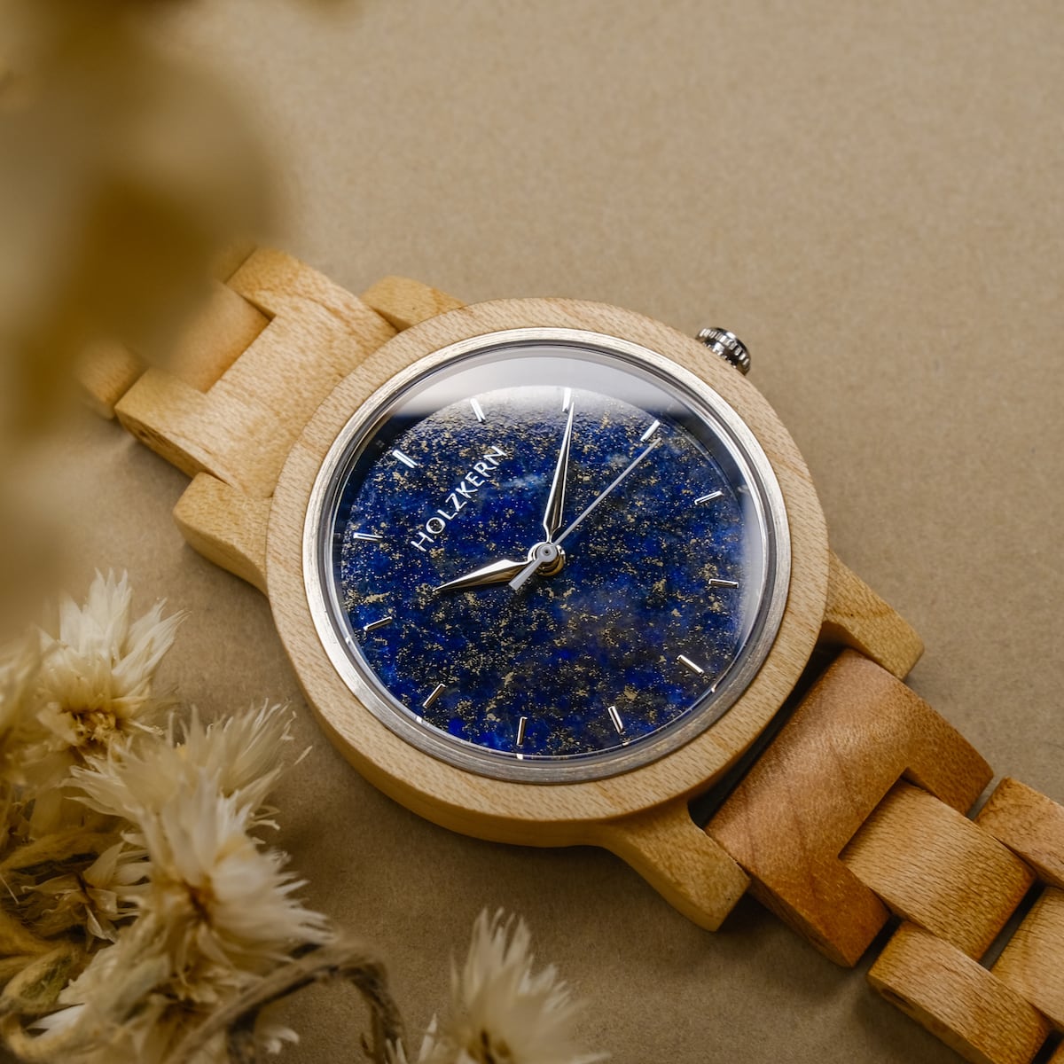 "Water" watch with a wooden band and a vivid lapis lazuli-style blue dial.