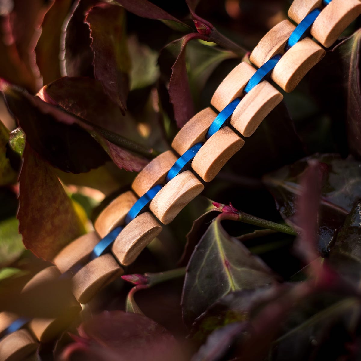 "Fantasia", a bracelet with olivewood and blue accents, displayed against dark leaves.