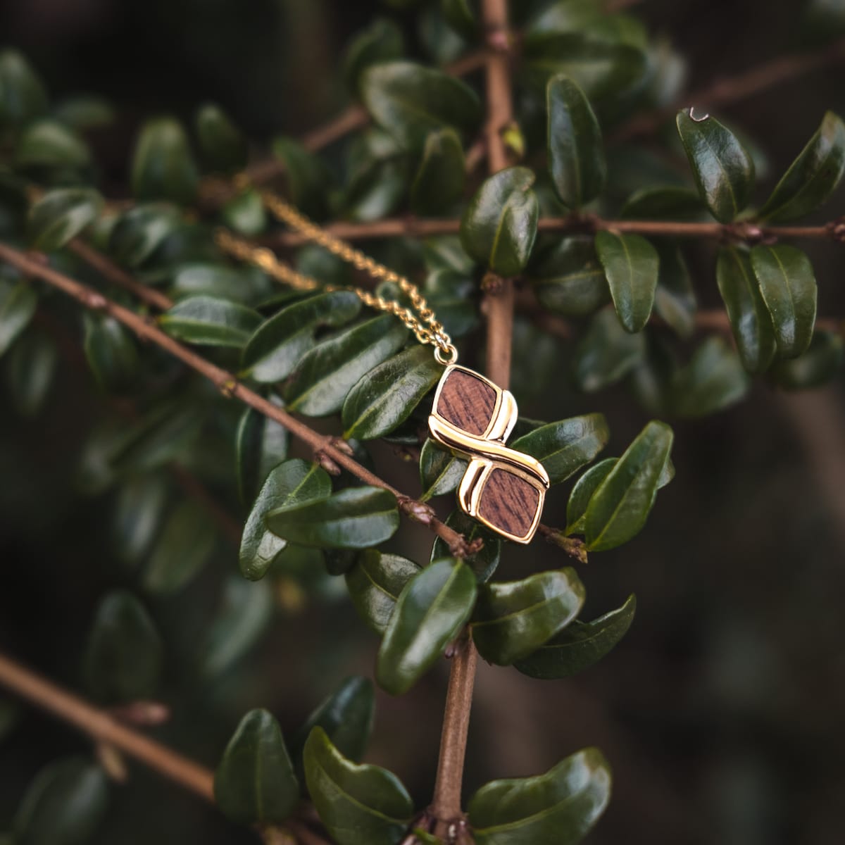 "Mosaic Necklace": A mosaic-style necklace featuring walnut and gold on a chain backgrounded by green leaves.