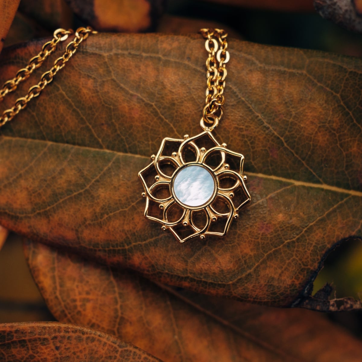 "Composition Necklace" necklace featuring a gold intricate design with a blue nacre centerpiece, set against a natural background.