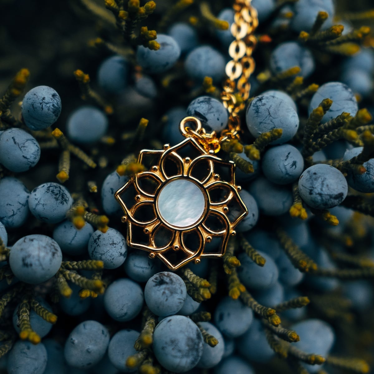 "Composition Necklace": Elegant gold necklace with blue nacre detail, showcasing a captivating floral design.
