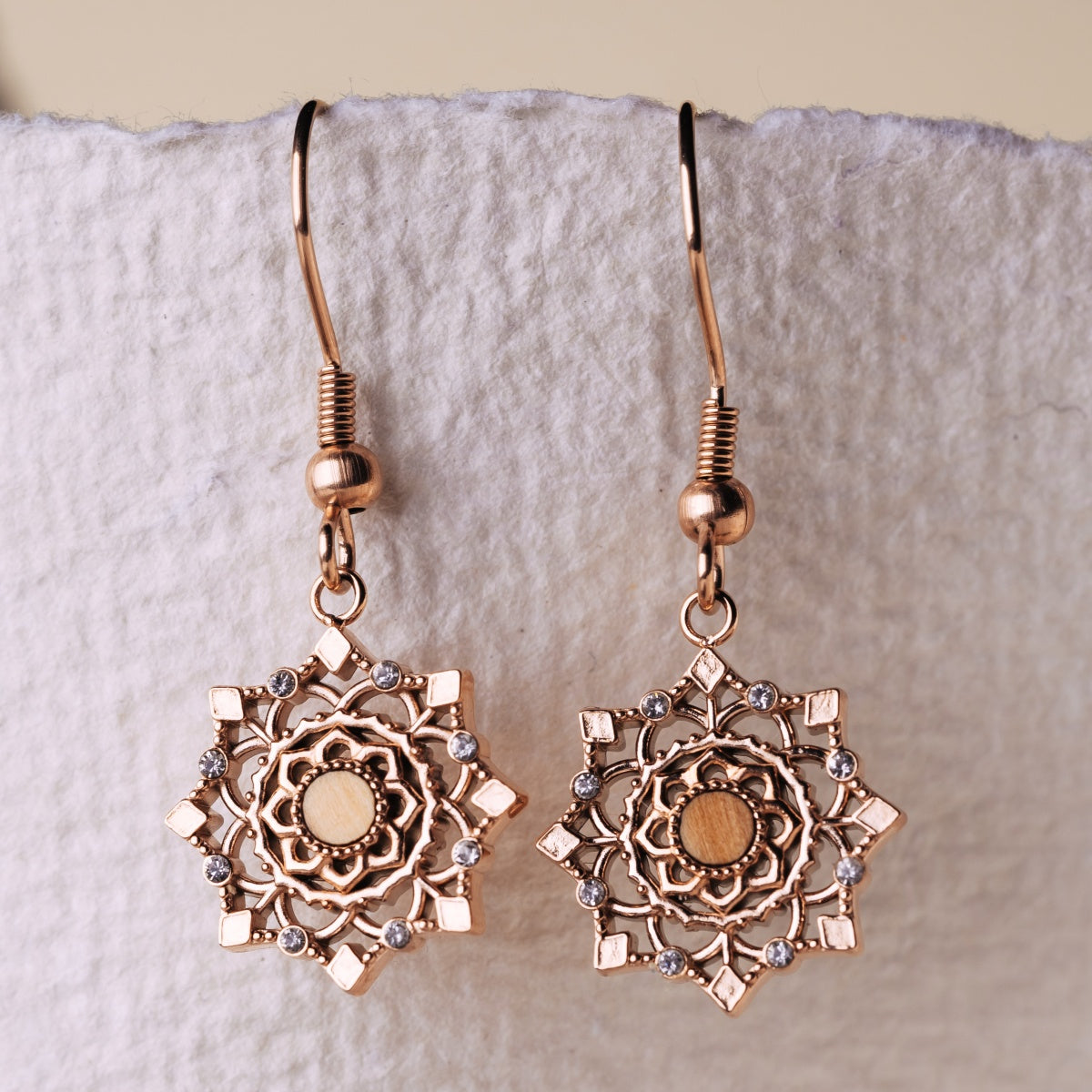 "Aphonia Earrings" - elegant rose gold earrings with intricate design.