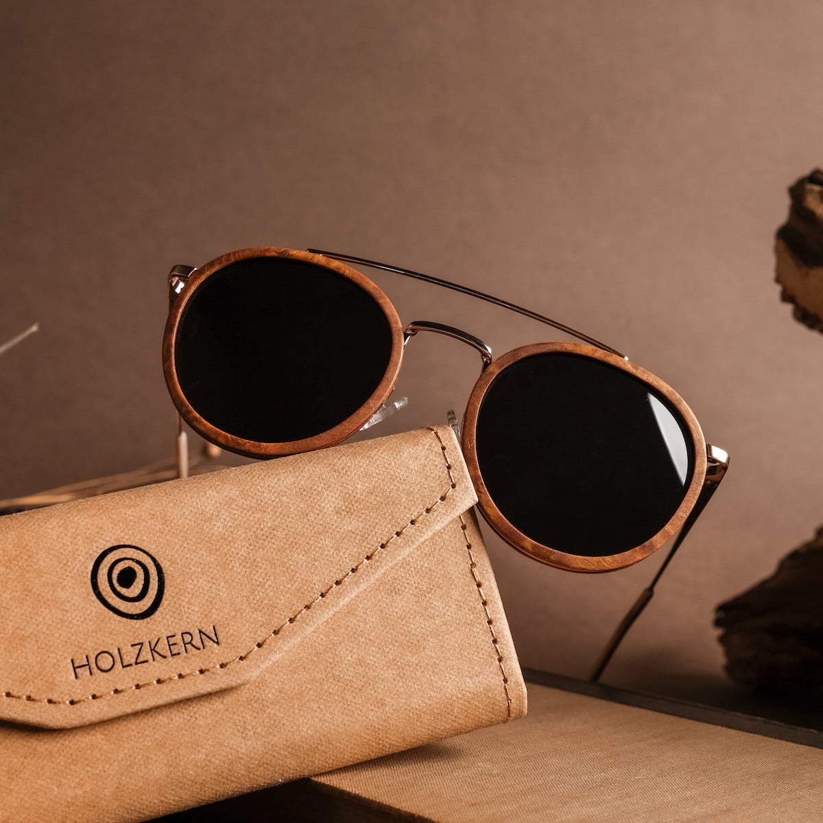 "The Enchanting" sunglasses featuring a blend of Cinnamon Wood and Matte Gold for a sophisticated look.