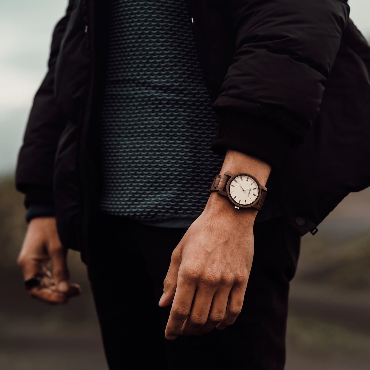 "Fall Dusk" watch with walnut and maple materials, featuring a rustic and elegant design.