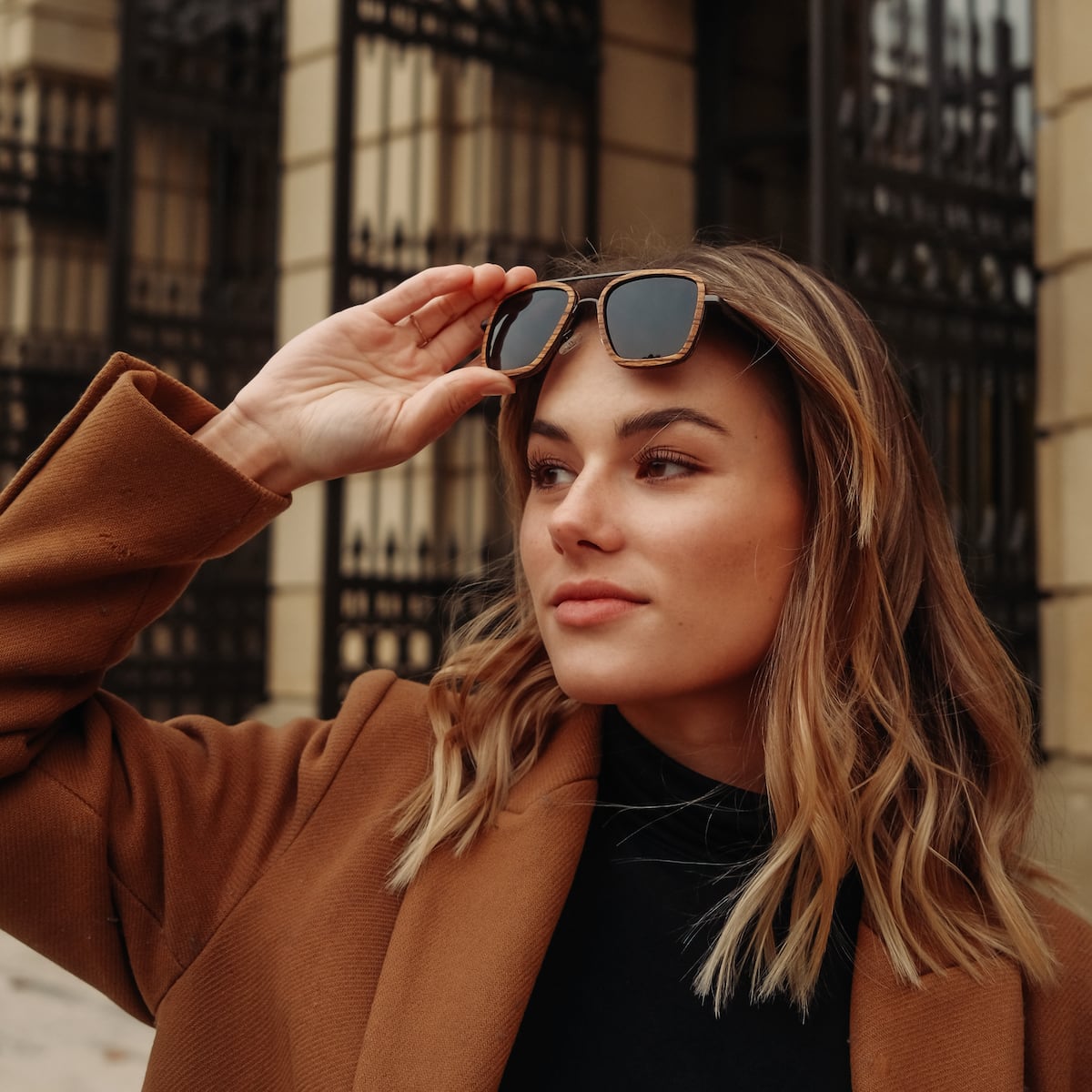 "The Logician" sunglasses in zebrawood and dark grey, featuring a stylish modern design.