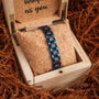 "Triad" bracelet featuring a stylish maple and blue design, presented in a rustic wooden box.