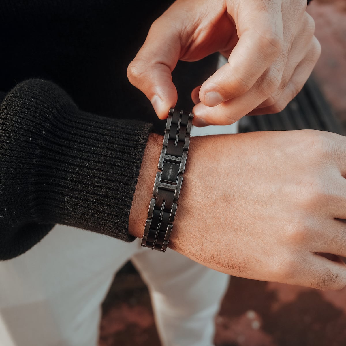 "Kanon" stylish bracelet in maple and antique silver with a sleek, modern design.