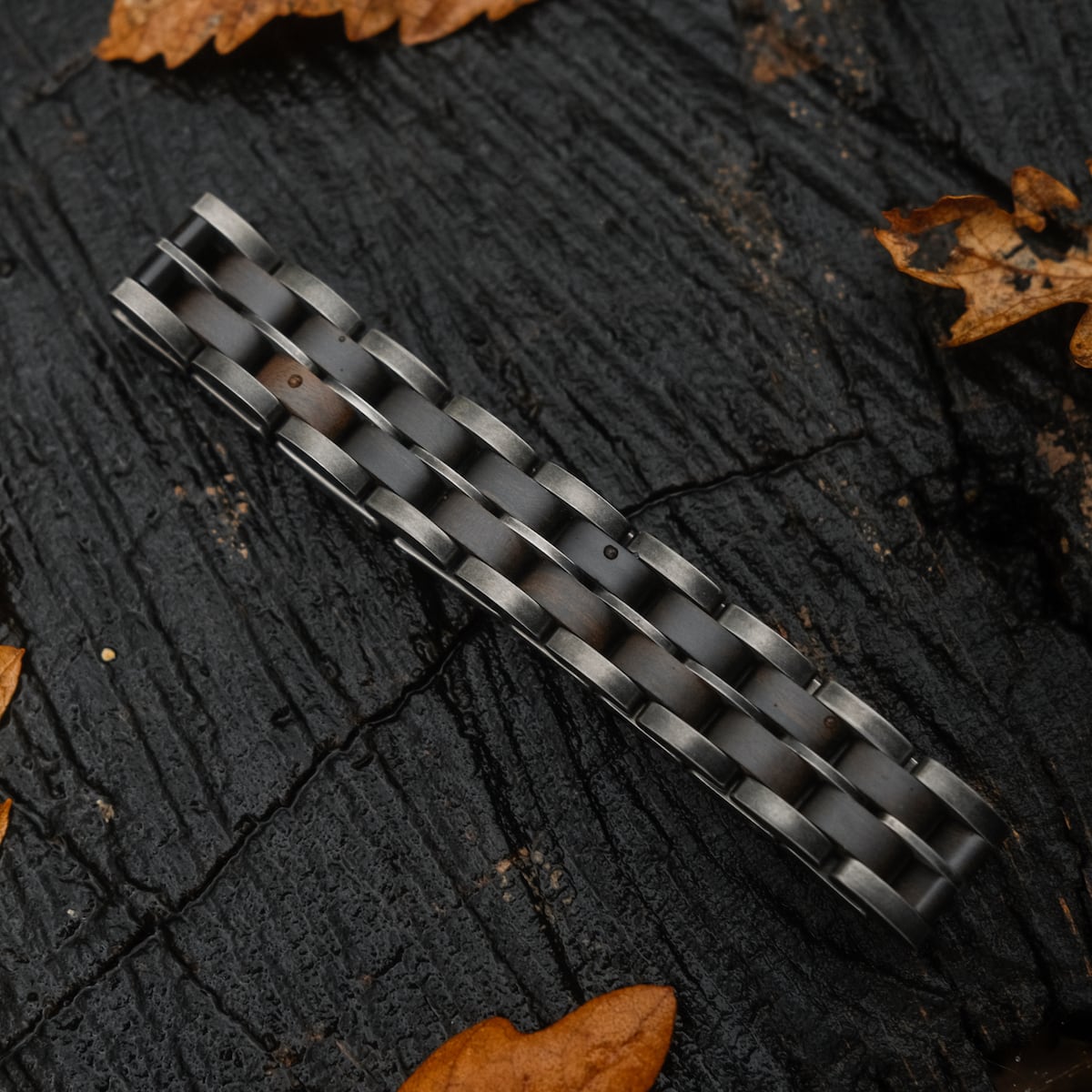 "Kanon" watch strap, featuring a maple and antique silver finish with a rugged aesthetic.