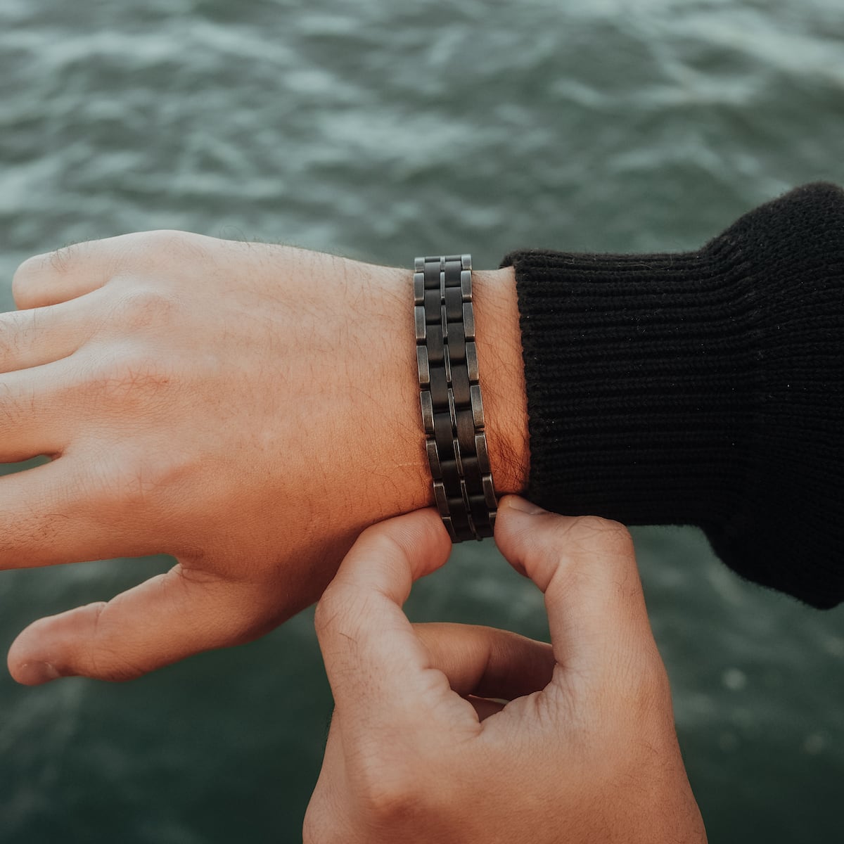 "Kanon" bracelet featuring a sleek, modern design with maple and antique silver accents.