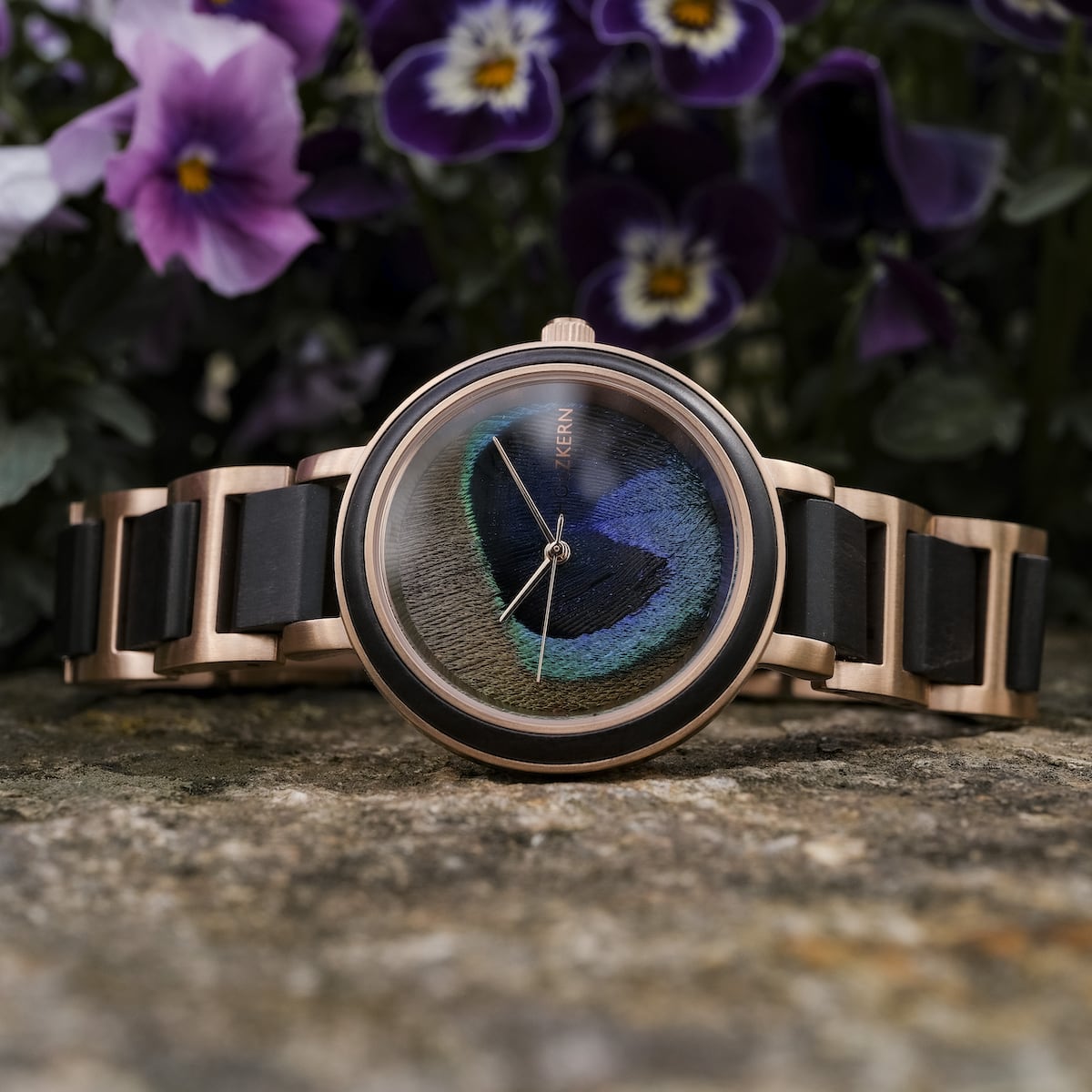 "The Fearless" watch featuring a maple and peacock feather design with a stylish, elegant look.
