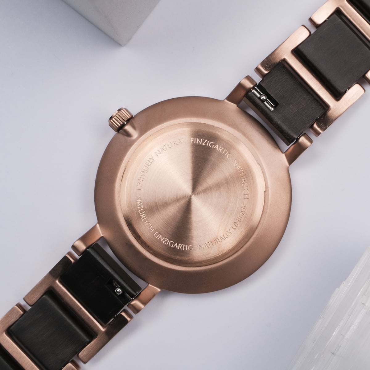 "The Fearless" wristwatch with maple and peacock feather design, showcasing a unique and elegant style.