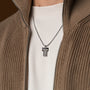 "Transcendent" necklace in slate and silver, featuring a modern and textured design.