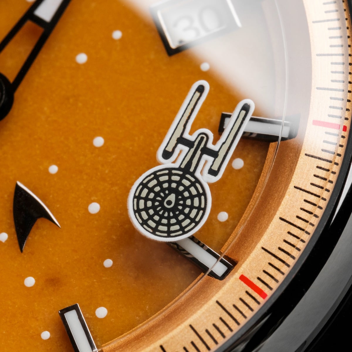 "NCC-1701" watch featuring a distinctive jade and dark gray design with intricate detailing.