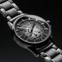 "Flowfinder" watch featuring a sleek maple and dark gray design with a modern, sophisticated visual style.