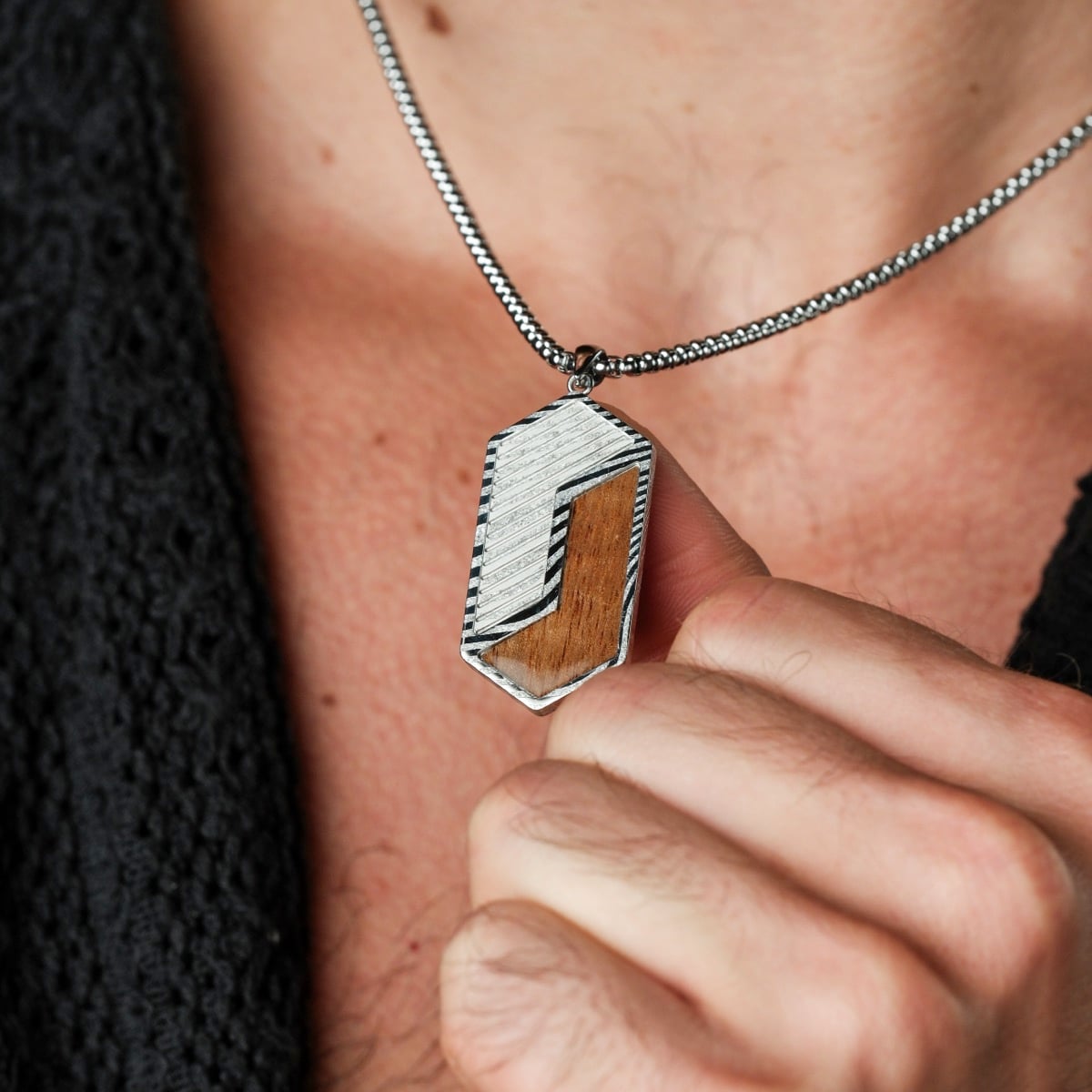 "Zigzag Necklace" necklace, geometric style with Koa wood and Damascus steel accents.