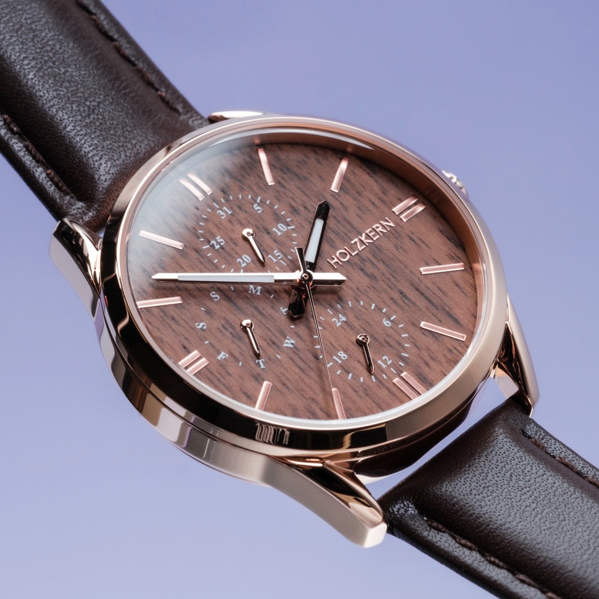 "Gifted" watch featuring a walnut and dark brown design with a sleek, modern style.