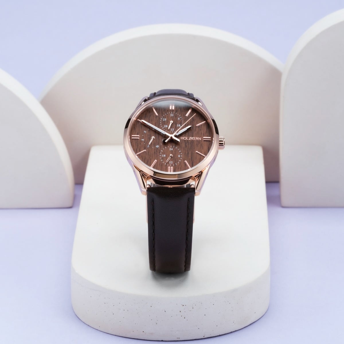 "Gifted", wristwatch with walnut face and dark brown leather strap, elegant and stylish design.