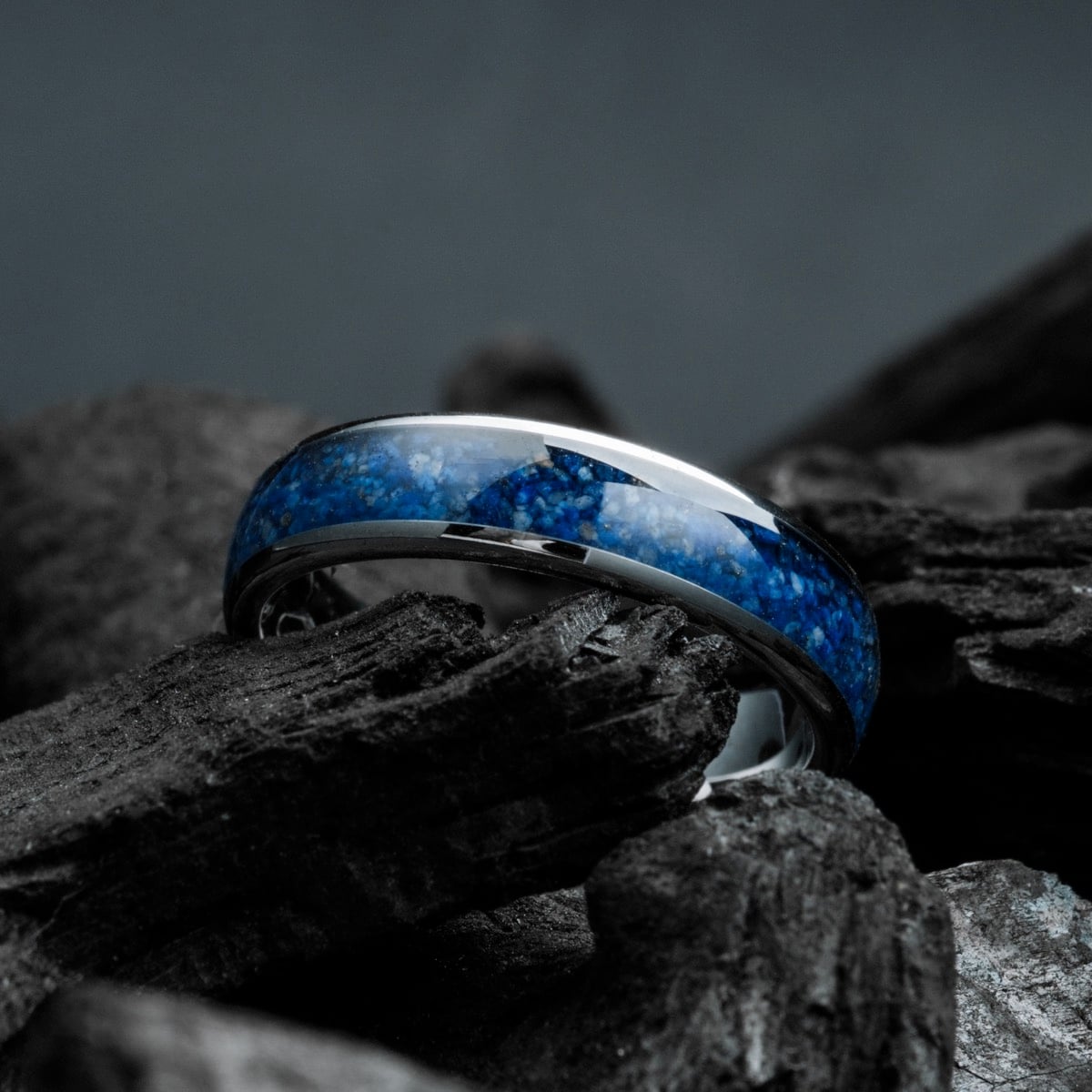 "Sumo Ring" - sleek ring featuring a vibrant lapis lazuli inlay set in polished tungsten.