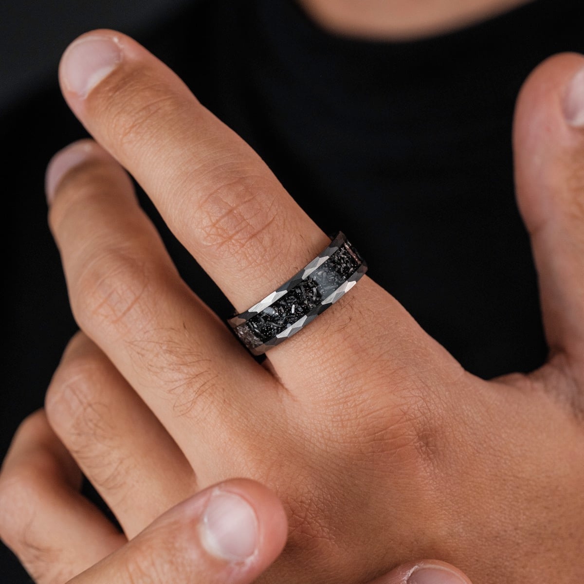 "Sumo Ring" men's ring, meteorite and tungsten, featuring a textured, dark, and rugged design.