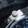 "GMT Cloudhopper" watch in marble and blue style with intricate metal detailing.