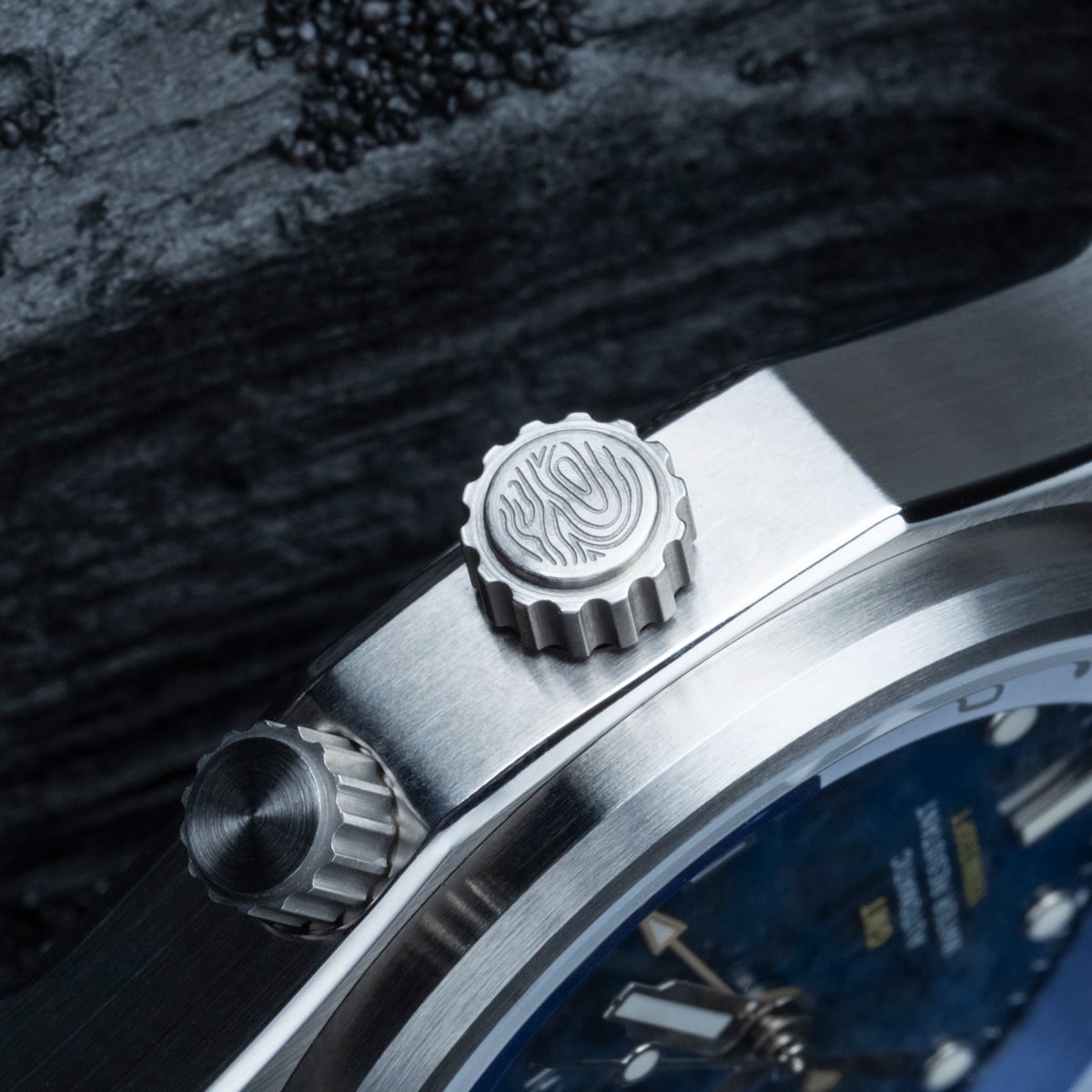 "GMT Cloudhopper" watch in marble and blue style with intricate metal detailing.