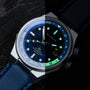 "GMT Cloudhopper" GMT watch, featuring a marble and blue visual style with a sleek modern design.