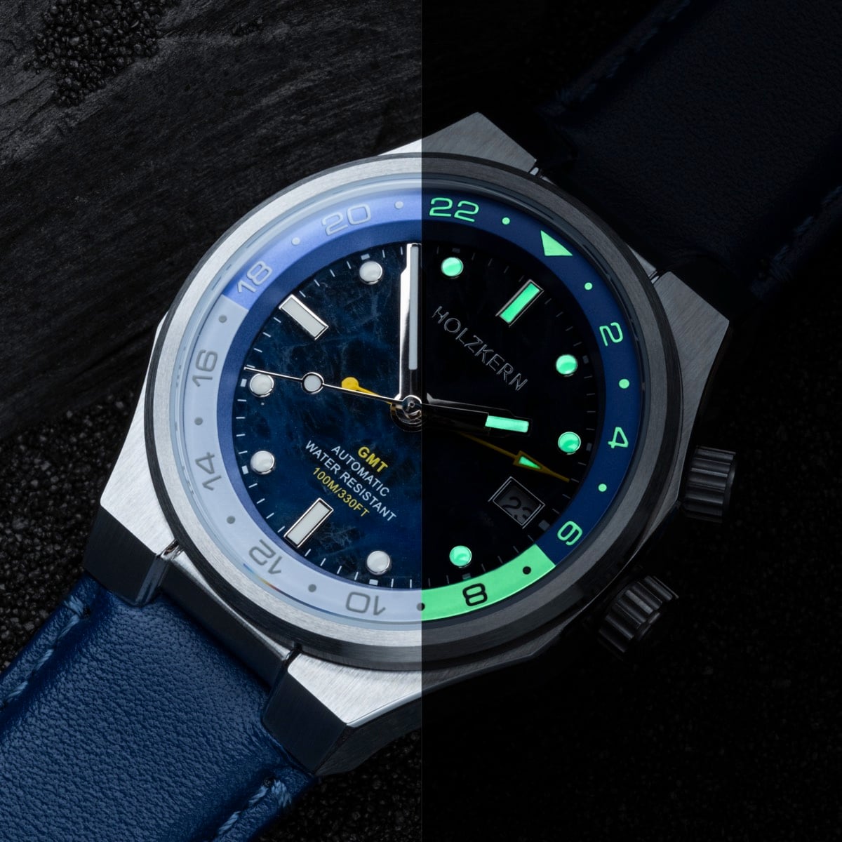 "GMT Cloudhopper" GMT watch, featuring a marble and blue visual style with a sleek modern design.