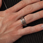 "Baritone Rings", a stylish ring featuring walnut and silver materials, showcasing an elegant design on a hand.