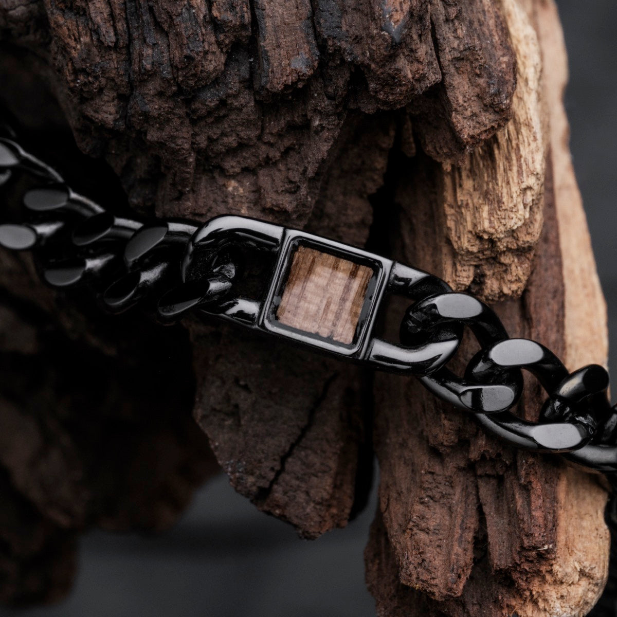 "Bodyguards Necklaces" - Stylish necklace featuring walnut accents and dark gray links.